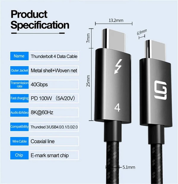 Thunderbolt 4 Cable 6ft, Certified, Braided, 40Gbp 100W Charging, 8K Display/Dual 4K, USB-C USB4 Cable for MacBook, Hub, Docking (6ft/40Gbps) - GodSpin