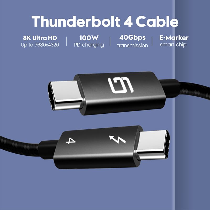 Thunderbolt 4 Cable 6ft, Certified, Braided, 40Gbp 100W Charging, 8K D